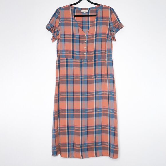 Loft Outlet Womens Dress Size Large Blue Pink Plaid Lightweight Preppy‎ Academia - Picture 1 of 8